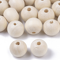 Perles en bois naturel non fini, perles en bois ciré, surface lisse, ronde, floral blanc, 10mm, Trou: 2.5mm