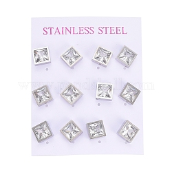 Cubic Zirconia Stud Earrings, with 304 Stainless Steel Findings, Square/Rhombus, Clear, 12.2x12.2mm, Pin: 0.6mm, 6pairs/card