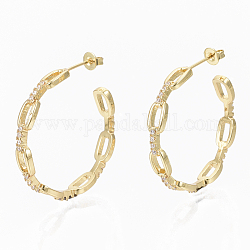 Semicircular Brass Micro Pave Clear Cubic Zirconia Cable Chain Stud Earrings, Half Hoop Earrings, with Earring Backs, Real 16K Gold Plated, 31x5mm, Pin: 0.8mm