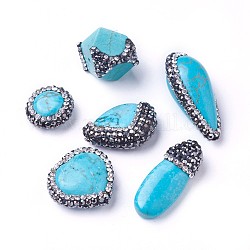 Perles d'howlite naturelle, avec strass, teints et chauffée, formes mixtes, 14~28x10~20x6~13mm, Trou: 1~1.5mm