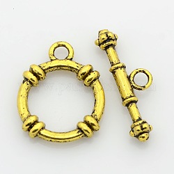 Tibetan Style Alloy Ring Toggle Clasps, Antique Golden, Ring: 24x19x2mm, Hole: 3mm, Bar: 29x9x3mm, Hole: 3mm