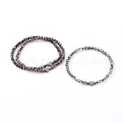 Bracelets de perles de verre rondes à facettes électrolytiques, avec des perles coeur en laiton, couleur mixte, diamètre intérieur: 2-3/8 pouce (6.1 cm), 3 pièces / kit
