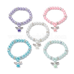 Braccialetti di perle di vetro imitazione perline, bracciali con ciondolo angelo in lega da donna, colore misto, diametro interno: 1-7/8 pollice (4.9 cm)