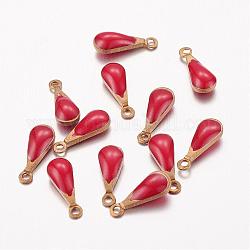 Antique Golden Plated Brass Enamel Teardrop Charms, Enamelled Sequins, Red, 11x4x3mm, Hole: 1mm