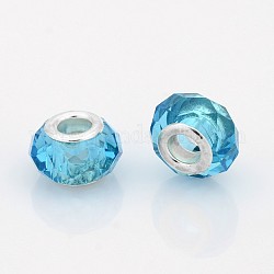 Faceted Glass European Beads, Large Hole Rondelle Beads, with Silver Color Plated Brass Cores, Deep Sky Blue, 14x9mm, Hole: 5mm