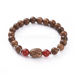 Bracelets extensibles en perles de bois unisexes, avec des perles d'agate/cornaline rouges naturelles (teintes et chauffées), perles d'espacement en laiton plaqué platine et perles de bodhi ovales, 2-3/8 pouce (6.2 cm)