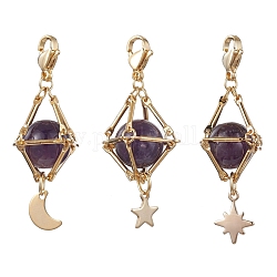Decorazioni pendenti in ottone con ametista naturale, diamante con stella e luna, 48~52mm, 3 pc / set
