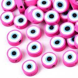 Handmade Polymer Clay Beads, Flat Round with Evil Eye, Camellia, 9~10x3.5~4.5mm, Hole: 1.5mm
