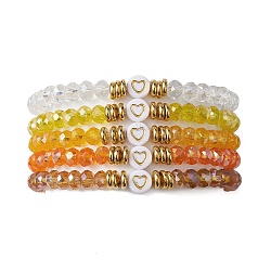 Set di braccialetti elasticizzati con perline in vetro, ottone e acrilico, braccialetti impilabili a forma di cuore, oro, diametro interno: 5 pollice (2-1/8 cm)
