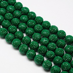 Synthetic Coral Beads Strands, Dyed, Round Beads Carved Flower Rose, Dark Green, 18mm, Hole: 1mm, about 20pcs/strand, 15.74 inch