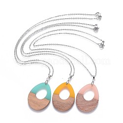 Teardrop Resin & Wood Pendant Necklaces, with 304 Stainless Steel Cable Chains and 304 Stainless Steel Lobster Claw Clasps, Packing Box, Mixed Color, 17 inch(43.3cm)