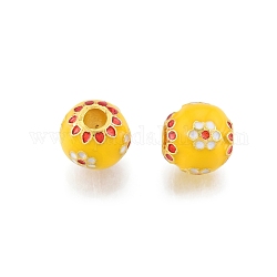 Perles d'émail en alliage, couleur or mat, Rondelle avec des fleurs, jaune, 9~9.5x9mm, Trou: 3mm