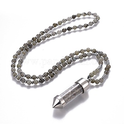 Natürliche Labradorit Anhänger Halskette, mit Glasperlen und Messing Zubehör, Kugel, 27.9 Zoll (71 cm), Perlen: 6 mm, Anhänger: 65x17.5 mm
