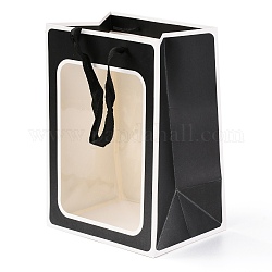 Sacs-cadeaux en papier rectangle, sac à provisions portable en papier kraft, avec fenêtre en plastique et poignées en polyester, noir, 40.5 cm