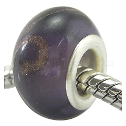 Purple Handmade Lampwork European Rondelle Beads, with Silver Color Brass Core, Size: about 13mm in diameter, 8.5mm thick, Hole: 5mm