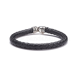 Bracelet cordon en cuir tressé avec fermoirs fermoirs en laiton pour hommes femmes, noir, diamètre intérieur: 2-1/4 pouce (5.6 cm)