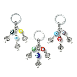 Schlüsselanhänger mit Lebensbaum-Anhänger aus Legierung, mit handgefertigten Evil-Eye-Bunte Malerei-Perlen und geteilten Schlüsselringen, Mischfarbe, 10.5 cm