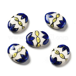 Abalorios de la porcelana hecha a mano impresos, ovalada con diseño de flores, azul, 18x14.5x5mm, agujero: 1.6 mm