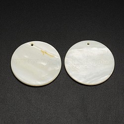Flat Round Freshwater Shell Pendants, Creamy White, 38x3mm, Hole: 2mm