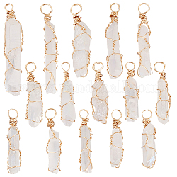 15Pcs Natural Quartz Crystal Pendants, Rock Crystal Pendants, Light Gold Plated Copper Wire Wrapped Nuggets Charms, Faceted, 25~35x4~8x4~7mm, Hole: 2.5~3.5mm