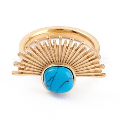 Ion Plating(IP) 304 Stainless Steel Finger Rings, with Synthetic Turquoise Round Bead, Fan, Golden, Size 6~9, 3mm, Inner Diameter: 16.5~18.9mm