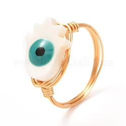 Mano di hamsa / mano di miriam evil eye anelli a conchiglia naturale per ragazze donne, anelli in ottone dorato, bianco, misura degli stati uniti 8 (18.1mm)