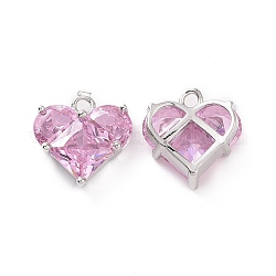 Сердечки из латуни и стекла, граненые, розовые, платина, 14x13.5x5 мм, отверстие : 1.8 мм