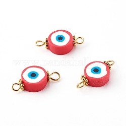 Flat Round with Evil Eye Polymer Clay Links Connectors, with 304 Stainless Steel Eye Pins, Alloy Daisy Spacer Beads, Golden, Red, 9~9.5x19~19.5x4.5~5mm, Hole: 2~2.5mm