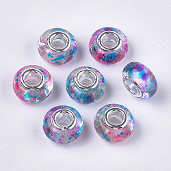 Perles européennes en alliage, Perles avec un grand trou   , avec noyaux en laiton plaqué couleur argent, rondelle, colorées, 14x8.5~9mm, Trou: 5mm