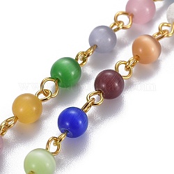 Handgemachte Katzenauge Perlenketten, ungeschweißte, mit eisernem Augenstift, golden, 12~12.5x5.5~6 mm, 39.37 Zoll (1 cm)/Strang