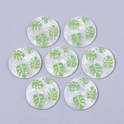 Pendenti in cellulosa acetato (resina), ciondoli con foglie tropicali, 3d stampato, rotondo e piatto, modello foglia di monstera, verde lime, 39x2.5mm, Foro: 1.6 mm