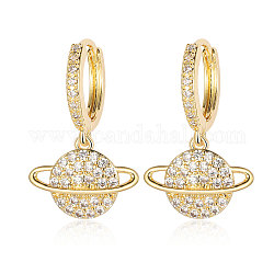 Brass Micro Pave Clear Cubic Zirconia Hoop Earrings, Planet Dangle Earrings for Women, Real 18K Gold Plated, 27x15mm