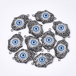 Polymer Clay Rhinestone Links connectors, with 304 Stainless Steel Findings and Resin, Hamsa Hand/Hand of Fatima/Hand of Miriam with Evil Eye, Stainless Steel Color, 33~35x22.5x7~8mm, Hole: 1.6mm