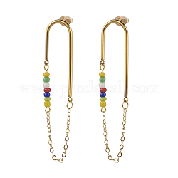 Gland de chaîne avec des perles de rocaille en verre boucles d'oreilles pendantes pour fille femmes, Boucles d'oreilles en 304 acier inoxydable, or, colorées, 64x14x1.5mm, pin: 0.7 mm