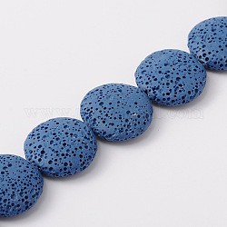Brins de perles de pierre de lave naturelle, plat rond, teinte, bleu, 25~27x7~8mm, Trou: 1mm, Environ 14 pcs/chapelet, 14.5 pouce
