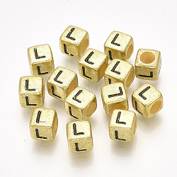 Abalorios de acrílico, agujero horizontal, metálico chapado, cubo con letter.l, 6x6x6mm, 2600 unidades / 500 g