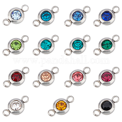 Unicraftale 304 Stainless Steel Rhinestone Links Connectors, Flat Round, Stainless Steel Color, Mixed Color, 12x6.5x4mm, Hole: 2mm, 30pcs/box