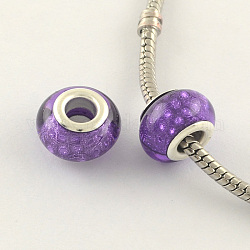 Large Hole Acrylic European Beads, with Silver Color Plated Brass Double Cores, Rondelle, Mauve, 14x9mm, Hole: 5mm