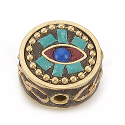 Handmade Indonesia Beads, with Raw(Unplated) Brass Findings, Flat Round, Turquoise, 17x9mm, Hole: 2mm
