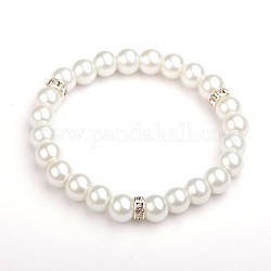 Perles de verre perles rondes Bracelet extensible, avec des perles de strass du Moyen-Orient en laiton plaqué argent, blanc, 52mm