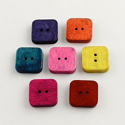 2-Hole Dyed Wooden Buttons, Square, Mixed Color, 18x18x4mm, Hole: 1.5mm