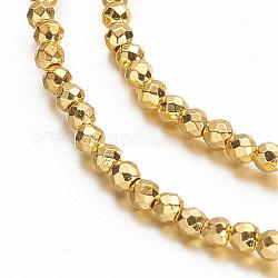 Non-magnetic Synthetic Hematite Beads Strands, Grade A, Faceted, Round, Golden Plated, 2mm, Hole: 0.6mm, about 196pcs/strand, 15.7 inch