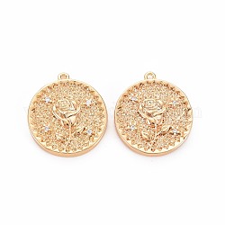 Brass Micro Pave Clear Cubic Zirconia Pendants, Nickel Free, Flat Round with Rose, Real 18K Gold Plated, 19.5x17.5x2.5mm, Hole: 1mm