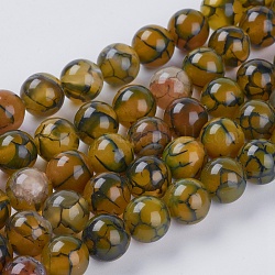 Chapelets de perles veines de dragon en agate naturelle, teinte, ronde, olive, 10mm, Trou: 1mm, Environ 19 pcs/chapelet, 7.5 pouce