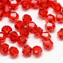 Imitacion 5301 Bicone Beads, abalorios de vidrio transparente facetados, rojo, 4x3mm, agujero: 1 mm, aproximamente 720 unidades / bolsa