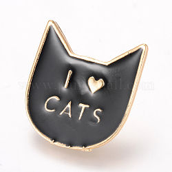Broches de gatito de esmalte de aleación, pin de esmalte, con la fornituras de latón, cabeza de gato con la palabra amo a los gatos, la luz de oro, negro, 29x27mm, pin: 1.2 mm