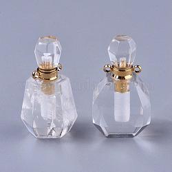 Facettierte natürliche Quarzkristallanhänger, Anhänger aus Bergkristall, zu öffnende Parfümflasche, mit goldenen Messing Zubehör, 36~37x18.5~20x13~14 mm, Bohrung: 1.8 mm, Flaschenkapazität: 1 ml (0.034 fl. oz)