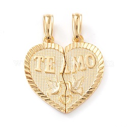 Brass Split Pendants, Long-Lasting Plated, Heart with Bird & Word TEAMO, Real 18K Gold Plated, 25x12x2mm, Hole: 6x3mm, 2pcs/set