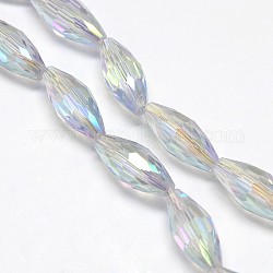 Electroplate Crystal Glass Rice Beads Strands, Faceted, Rainbow Color Plated, Light Blue, 19x8mm, Hole: 1mm, about 40pcs/strand, 29.1 inch