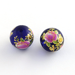 Flower Pattern Glass Round Beads, with Gold Metal Enlaced, Hot Pink, 14x13mm, Hole: 1.5mm